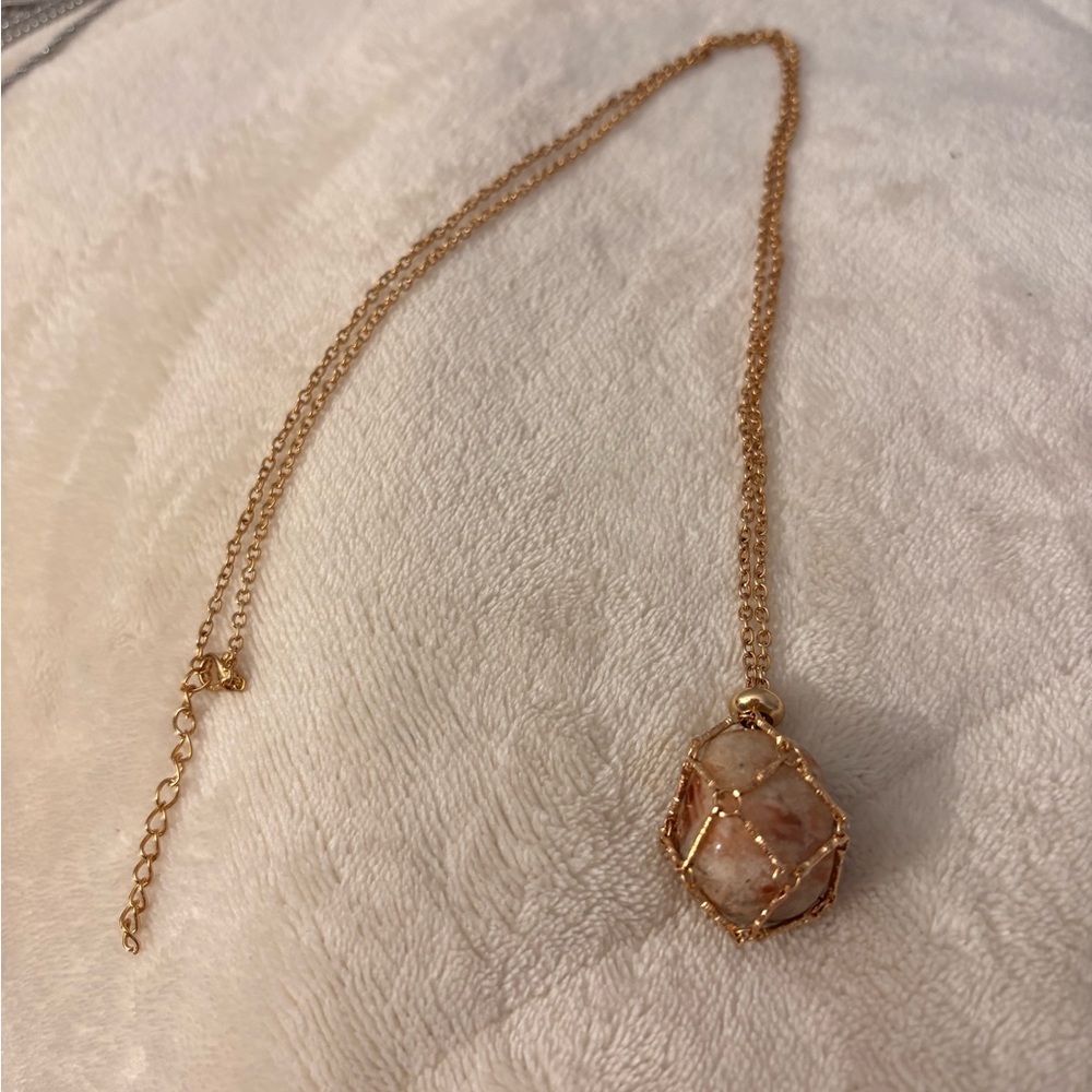 Sunstone Crystal Holder Necklace 32” Gold Chain | Boho Healing Stone Pendant